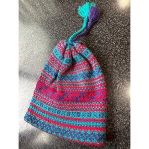 Vtg 1980's Smiley 100% Pure Wool Knit Beanie Hat Turquoise Red Purple